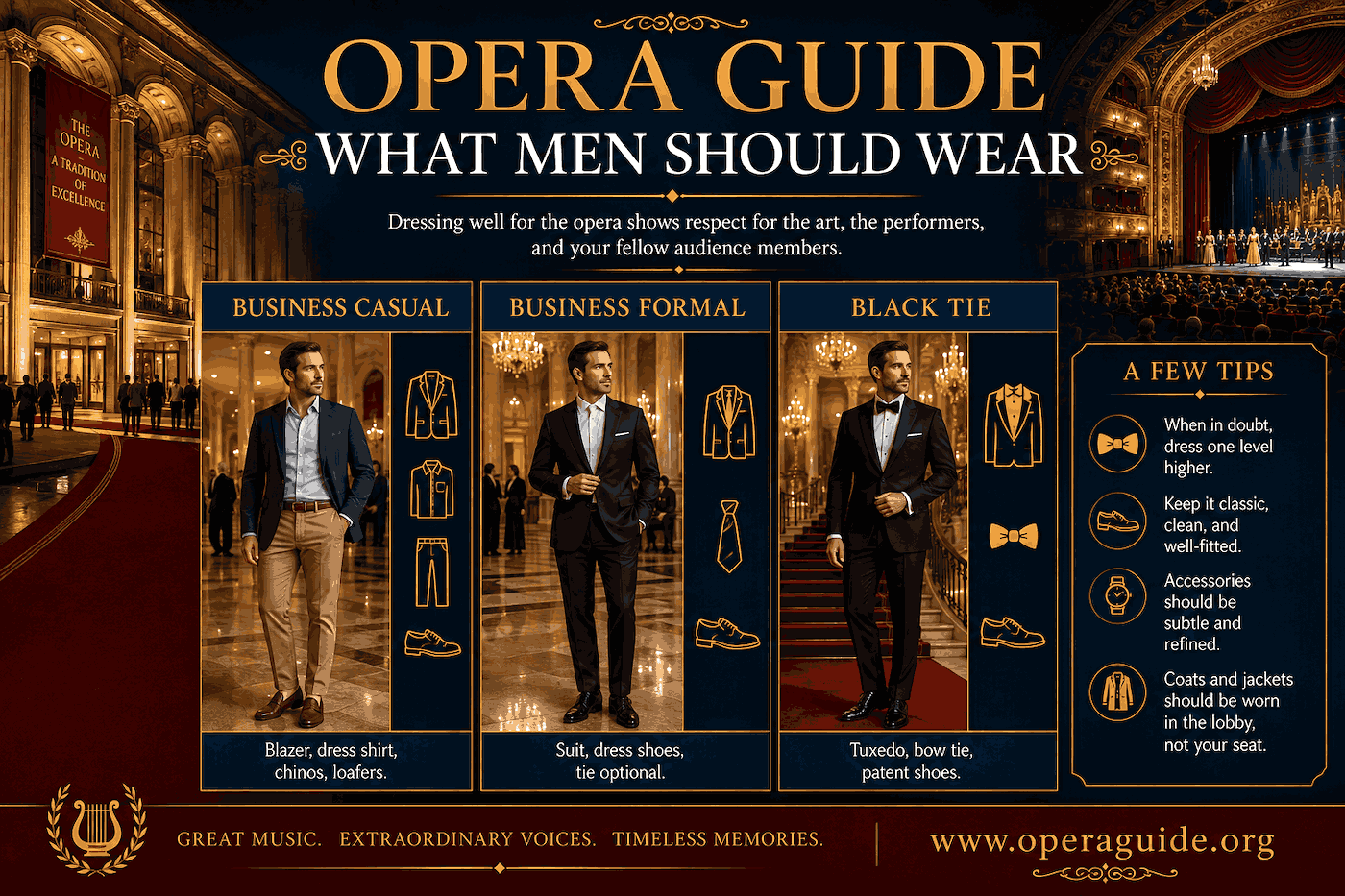 Opera Dress Guide for Men infographic Opera Dress Guide for Men infographic